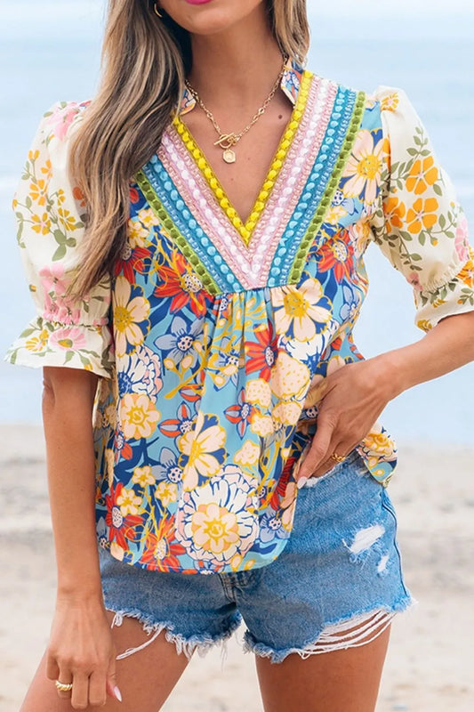 Image of Multicolour Crochet V Neck Half Sleeve Boho Floral Blouse | Queeble.shop