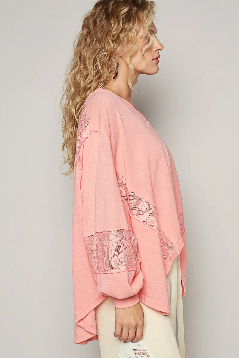 Image of POL V-Neck Long Sleeve T-Shirt with Lace Detail | Queeble.shop