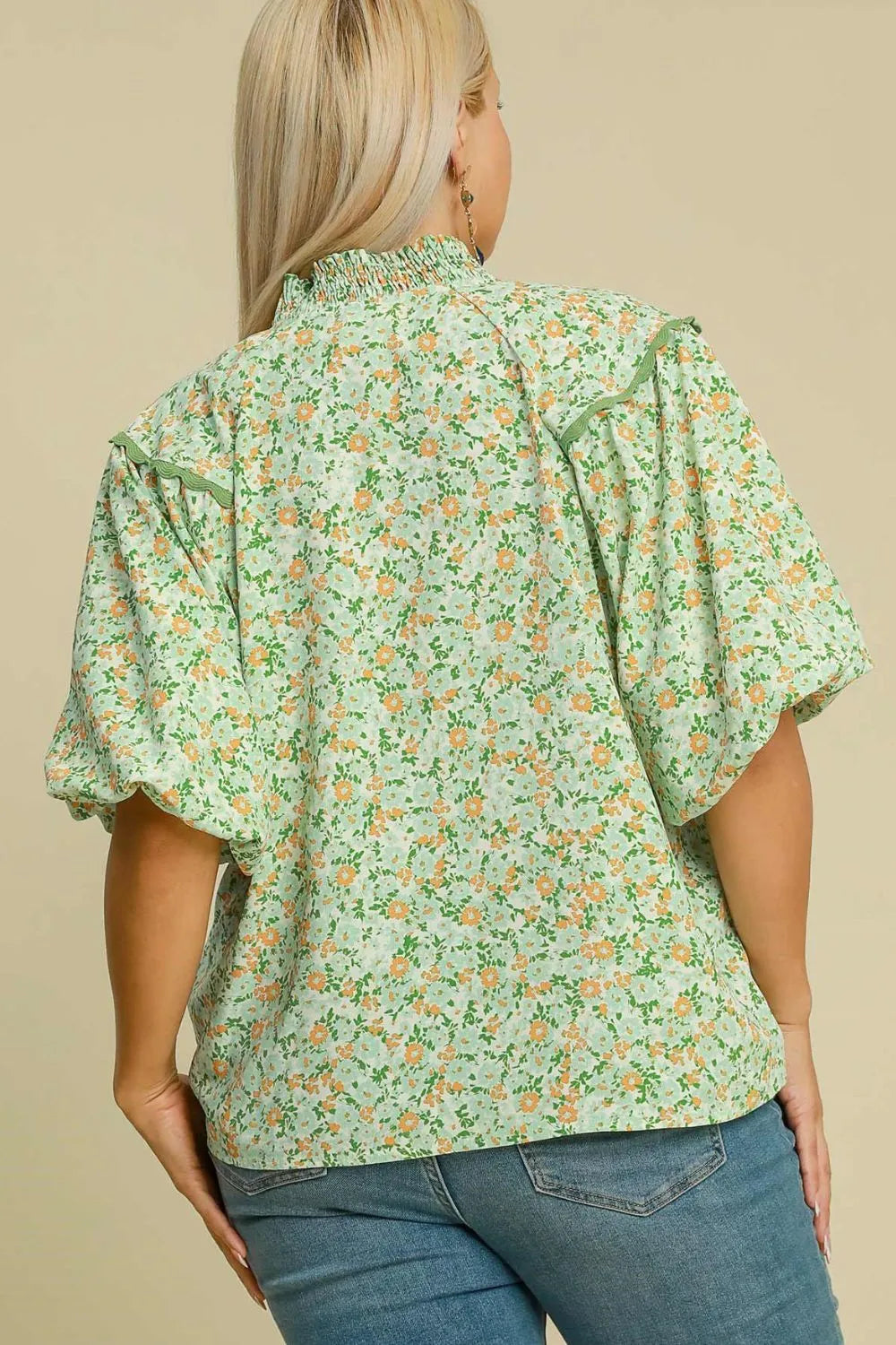Image of Umgee Full Size Floral Print Puff Sleeve Top Plus Size | Queeble.shop