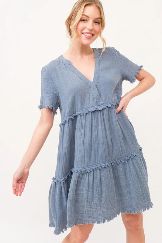 Image of And The Why Washed Frayed Detail Tiered Dress | Queeble.shop