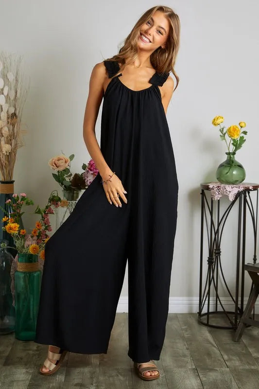 Image of ADORA Full Size Elastic Ruffle Shoulder Jumpsuit Plus Size | Queeble.shop