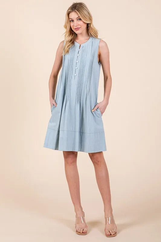 Image of Lime 'N' Chili Denim Pintuck Detail Sleeveless Midi Dress | Queeble.shop