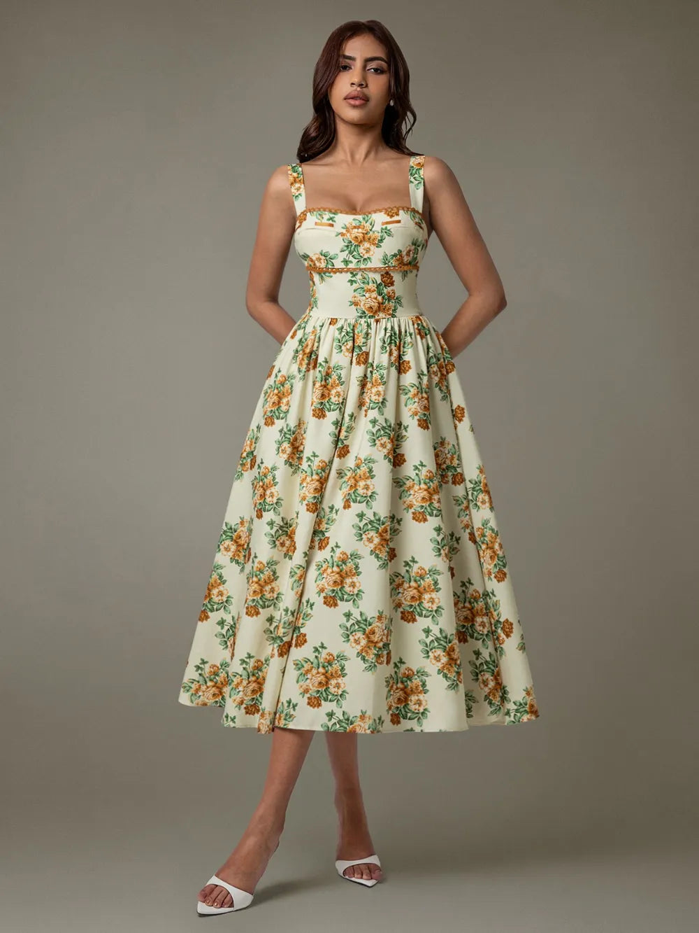 Image of Lace Trim Floral Sleeveless Midi Dress | Queeble.shop