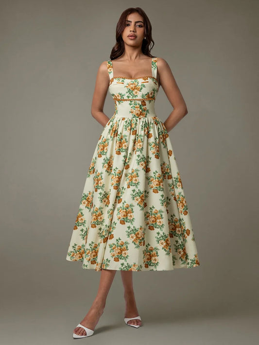 Image of Lace Trim Floral Sleeveless Midi Dress | Queeble.shop