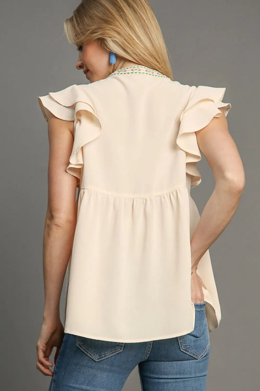 Image of Umgee Full Size Embroidery Notched Double Ruffle Sleeve Blouse Plus Size | Queeble.shop