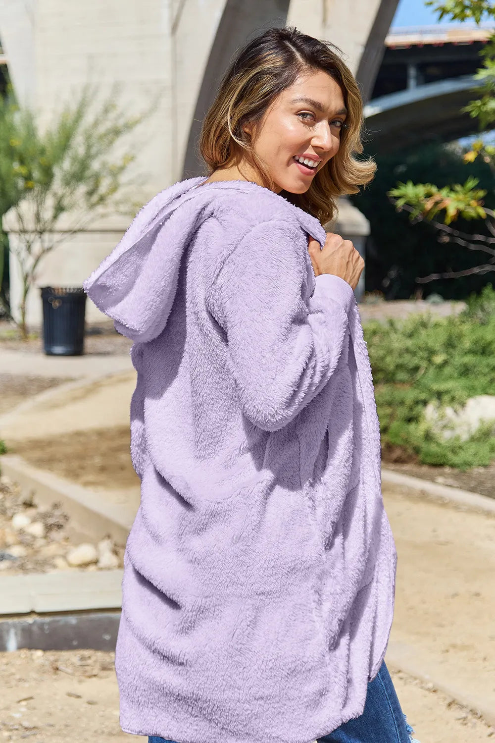 Image of Double Take Full Size Hooded Teddy Bear Jacket with Thumbholes | Queeble.shop