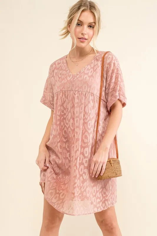 Image of And The Why Woven Leopard Baby Doll Roll-Sleeve Casual Dress | Queeble.shop