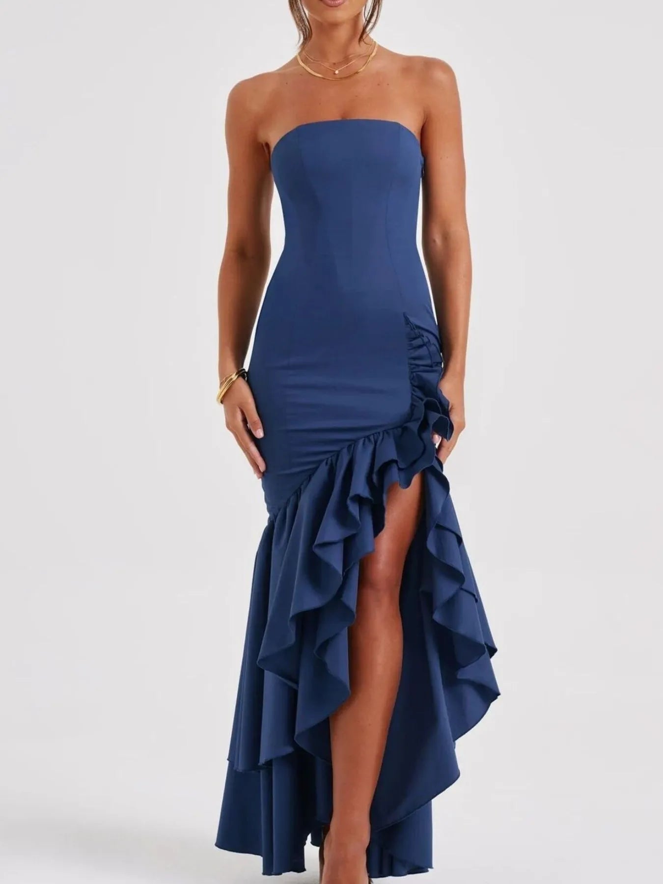 Image of Strapless Ruffle High-Low Bodycon Dress | Queeble.shop