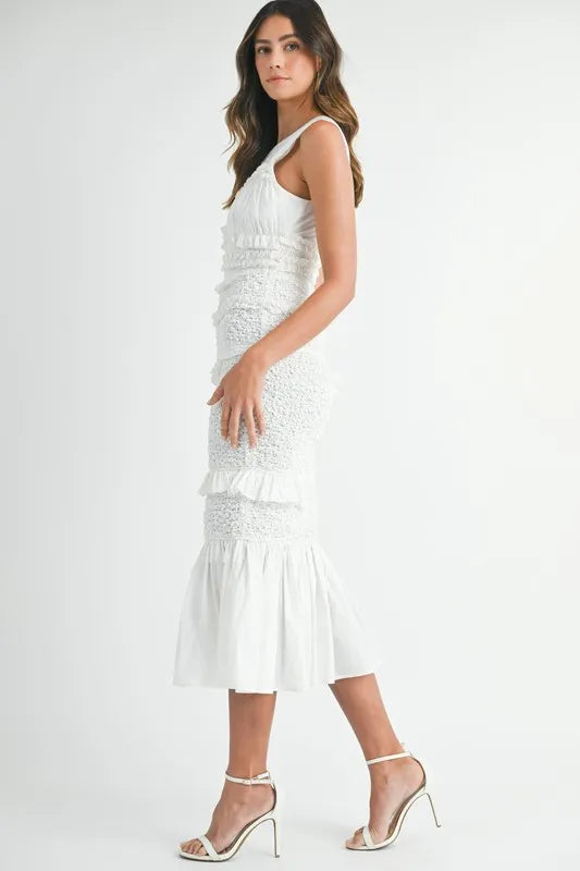 Image of MABLE Ruffled Popcorn Smocked Mermaid Midi Dress | Queeble.shop