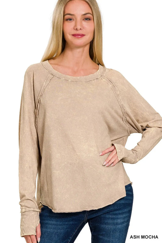 Image of Zenana Crinkle Washed Thumb Hole Cuffs Long Sleeve Top | Queeble.shop