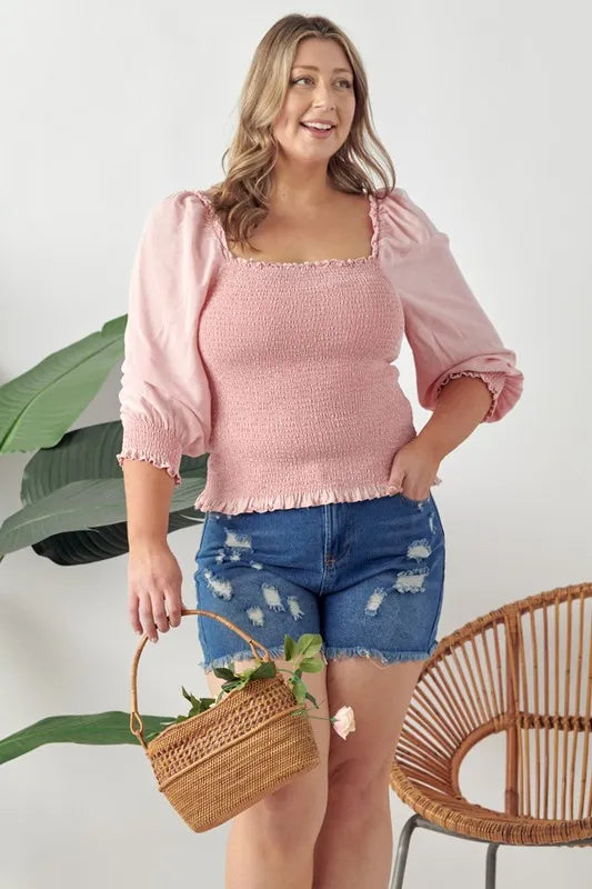 Image of GeeGee Full Size Ruffled Smocked Frill Square Neck Top Plus Size | Queeble.shop