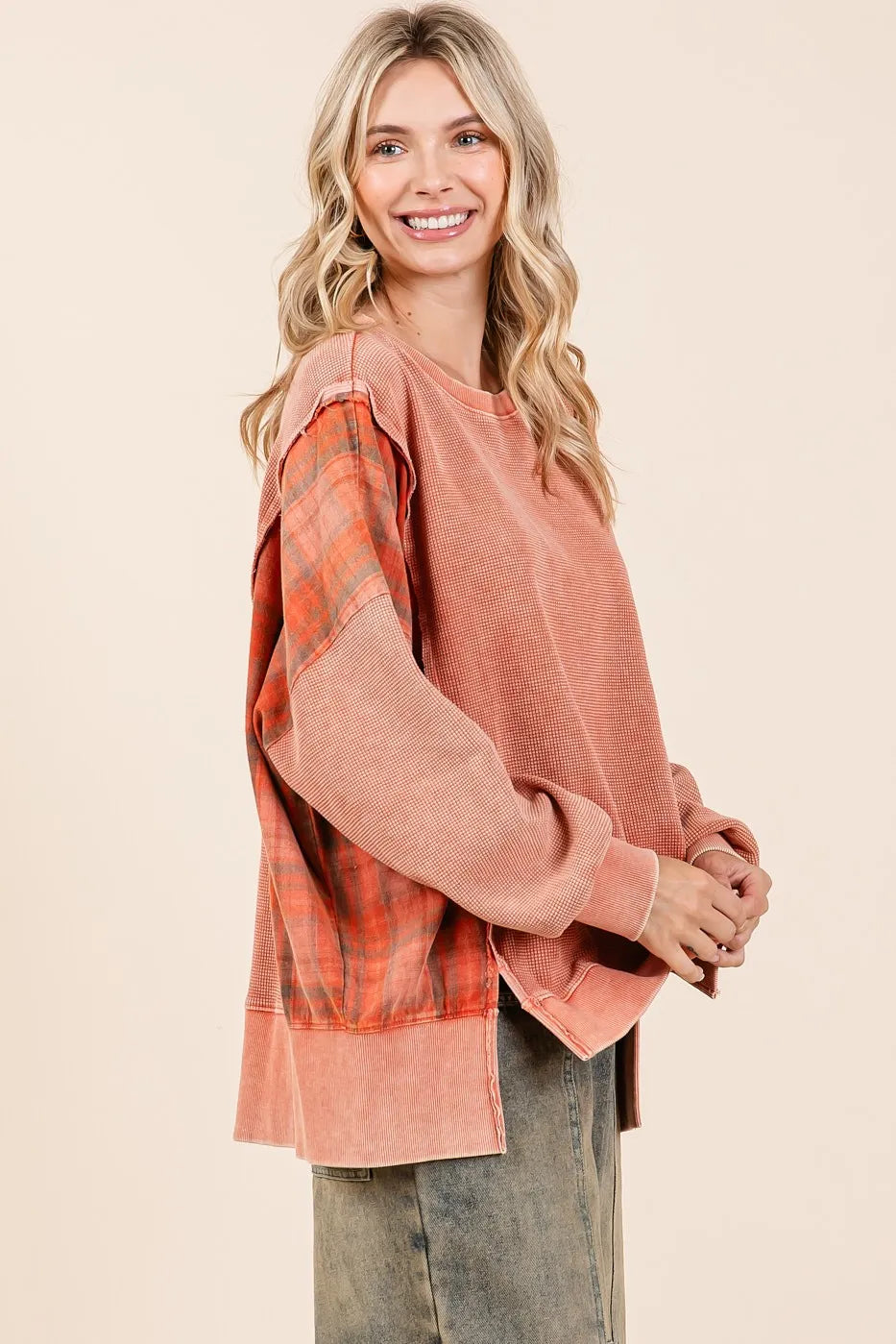 Image of Mittoshop Plaid Panel Mineral Wash French Terry Sweatshirt | Queeble.shop