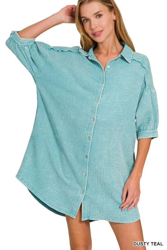 Image of Zenana Washed Double Gauze Button Down Shirt Dress | Queeble.shop