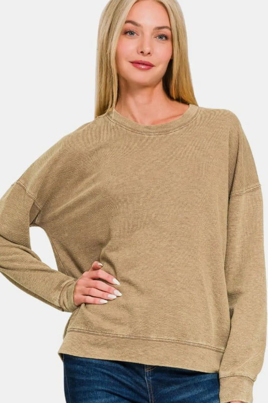 Image of Zenana Washed Round Neck Dropped Shoulder Sweatshirt | Queeble.shop