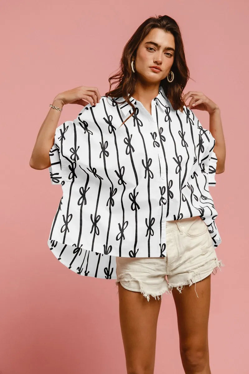 Image of BiBi Bow Ribbon Woven Printed Button Down Shirt | Queeble.shop