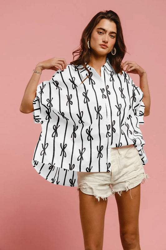 Image of BiBi Bow Ribbon Woven Printed Button Down Shirt | Queeble.shop