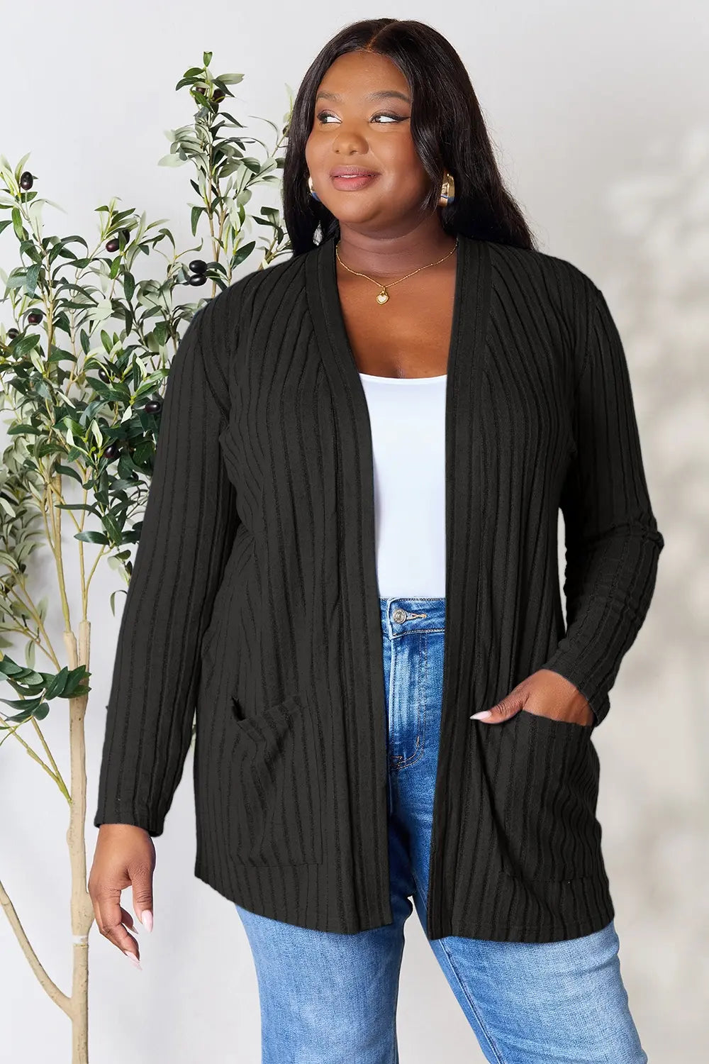 Image of Basic Bae Full Size Ribbed Open Front Cardigan with Pockets | Queeble.shop