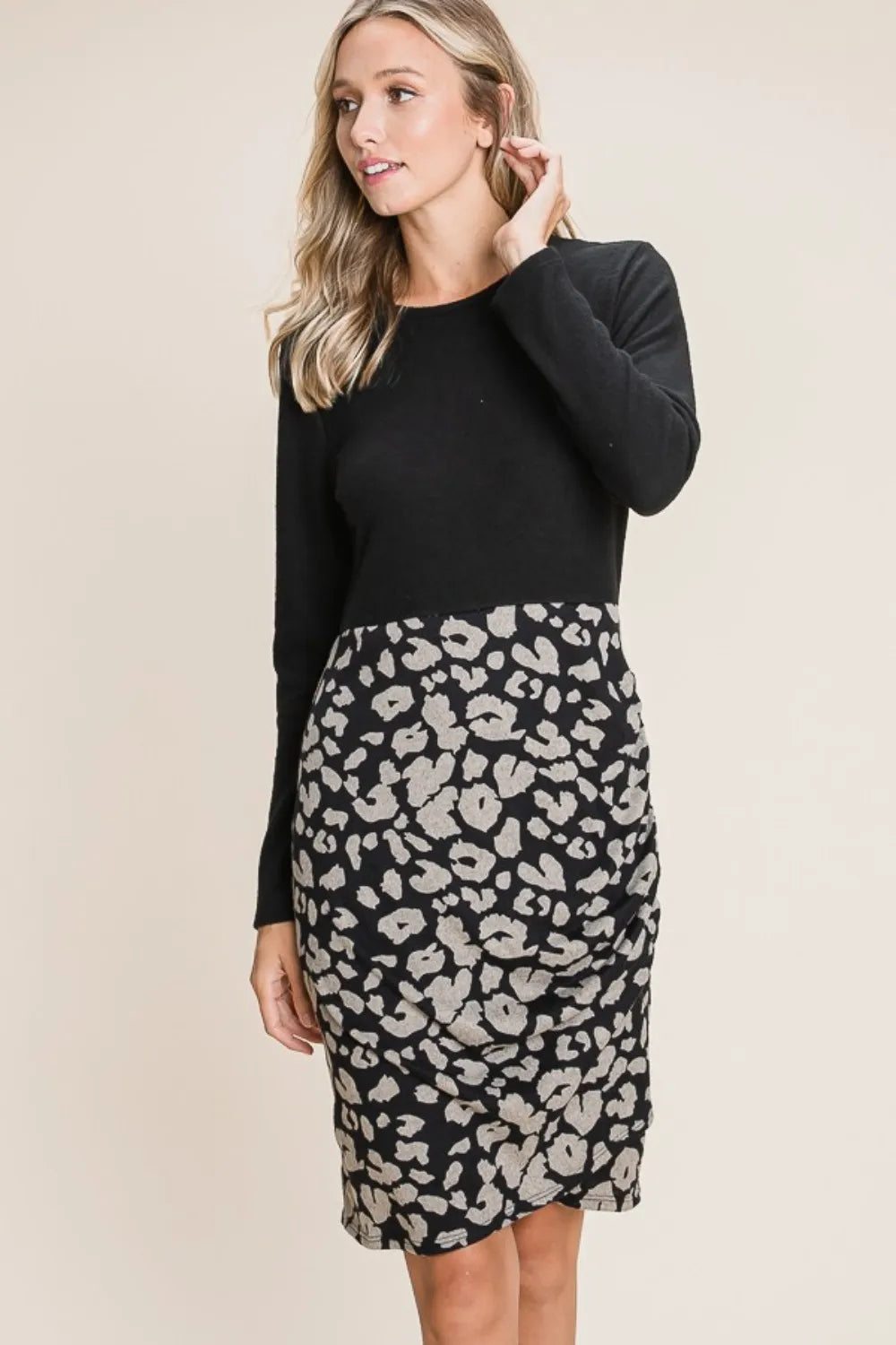 Image of BOMBOM Leopard Color Block Knit Dress | Queeble.shop