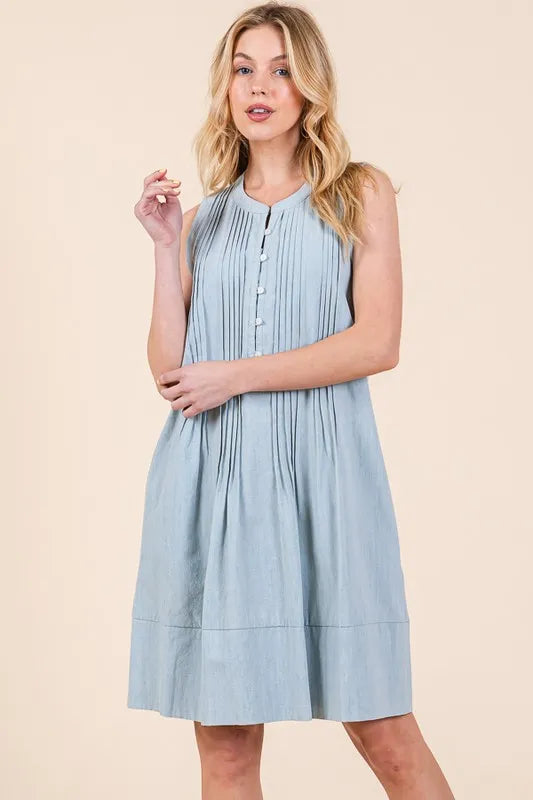 Image of Lime 'N' Chili Denim Pintuck Detail Sleeveless Midi Dress | Queeble.shop