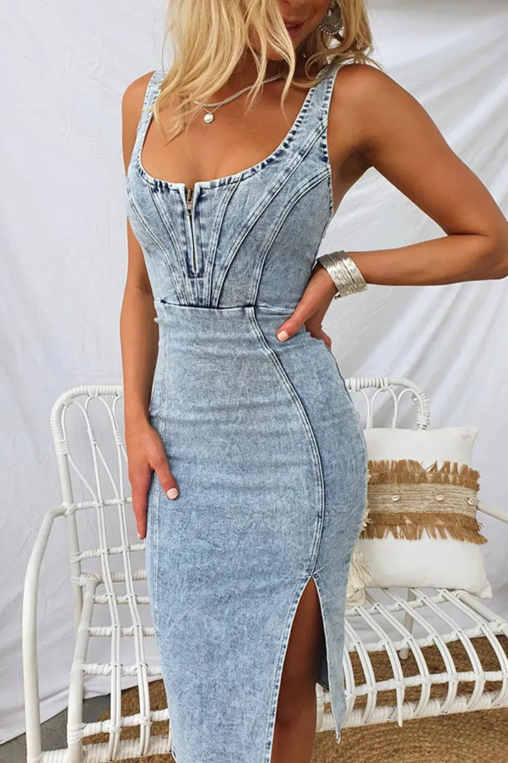 Image of Side Slit Washed Scoop Neck Denim Dress | Queeble.shop