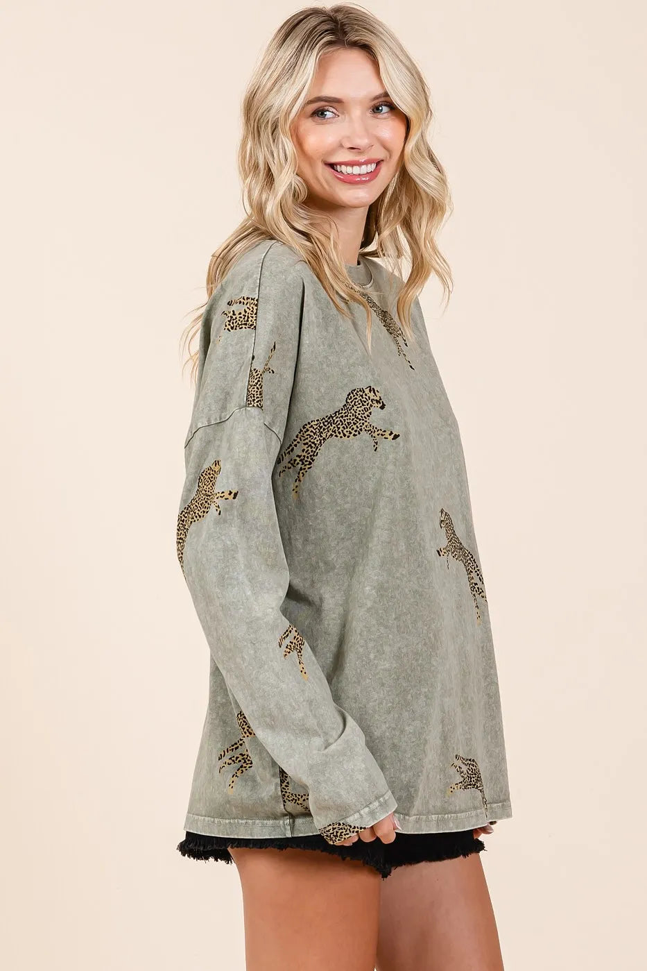 Image of Mittoshop Mineral Wash Cheetah Print Long Sleeve Top | Queeble.shop