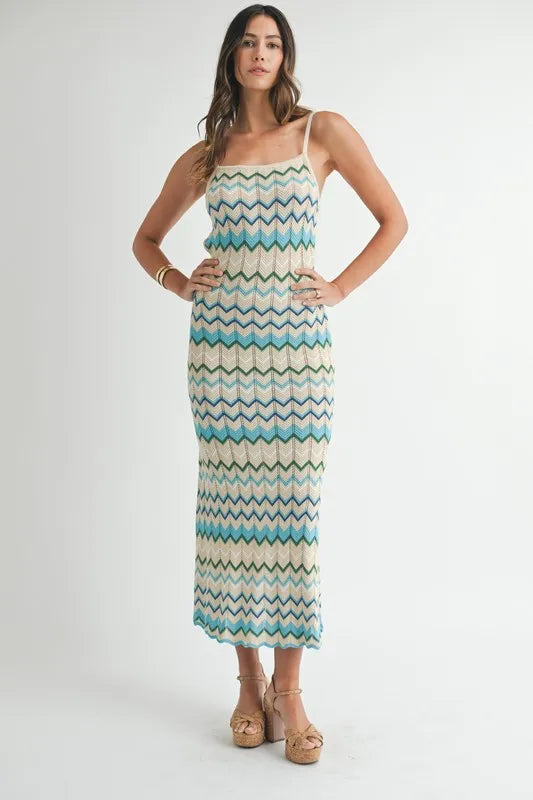 Image of MABLE Lightweight Pointelle Chevron Knit Maxi Dress | Queeble.shop