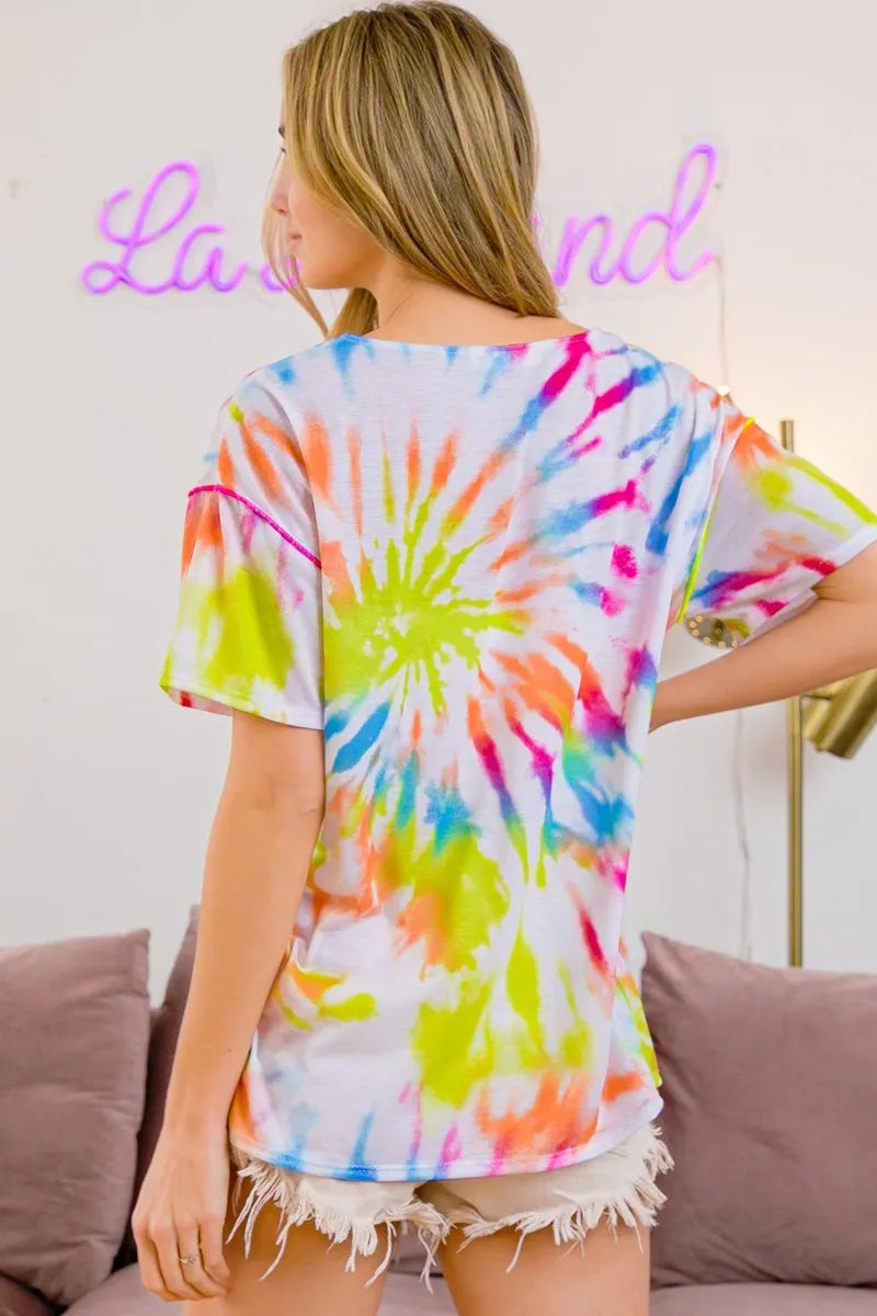 Image of BiBi Tie Dye Print Jersey Stitched V Neck Top | Queeble.shop