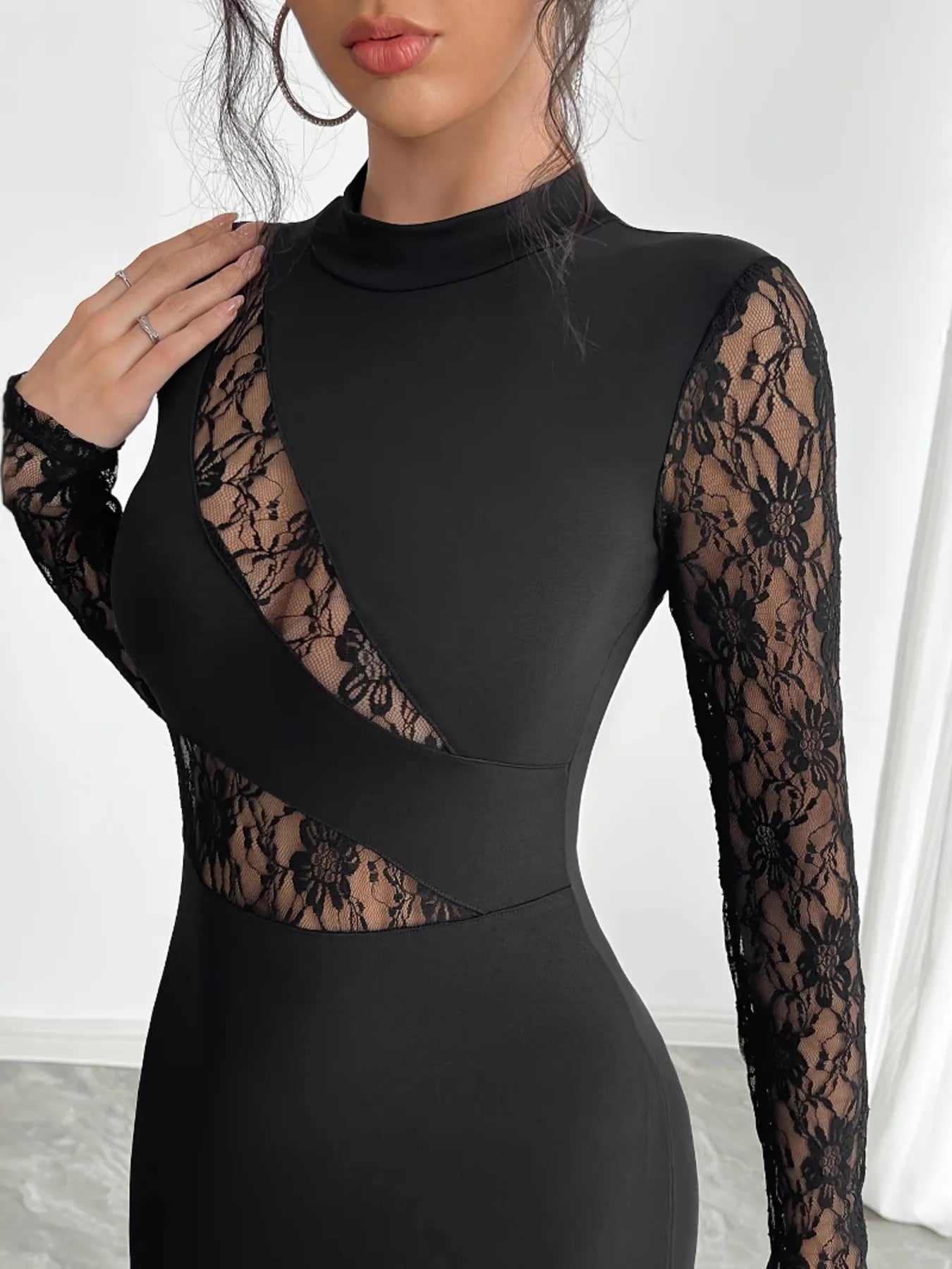 Image of Lace Mock Neck Slit Dress | Queeble.shop