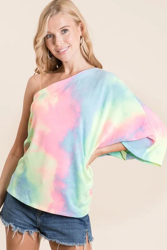 Image of BiBi Tie Dye French Terry One Shoulder Top with Dolman | Queeble.shop