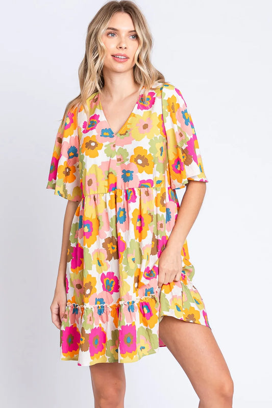 Image of GeeGee Floral V-Neck Ruffle Hem Mini Dress | Queeble.shop