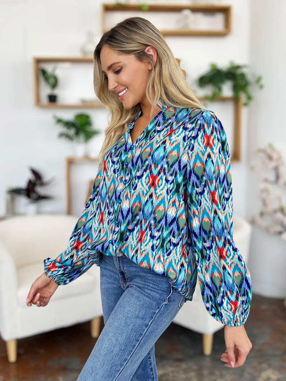 Image of Double Take Full Size Printed Balloon Sleeve Blouse | Queeble.shop