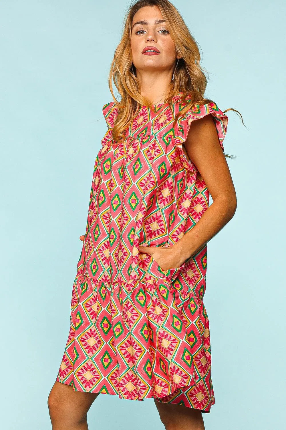 Image of Haptics Full Size Ruffled Printed Dress with Side Pockets | Queeble.shop