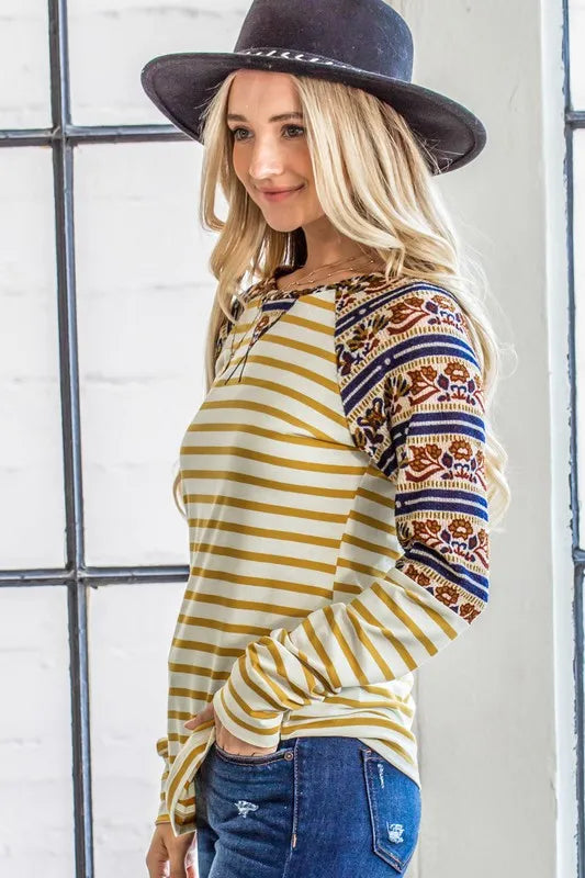 Image of And The Why Stripe Ethnic Print Raglan Top | Queeble.shop