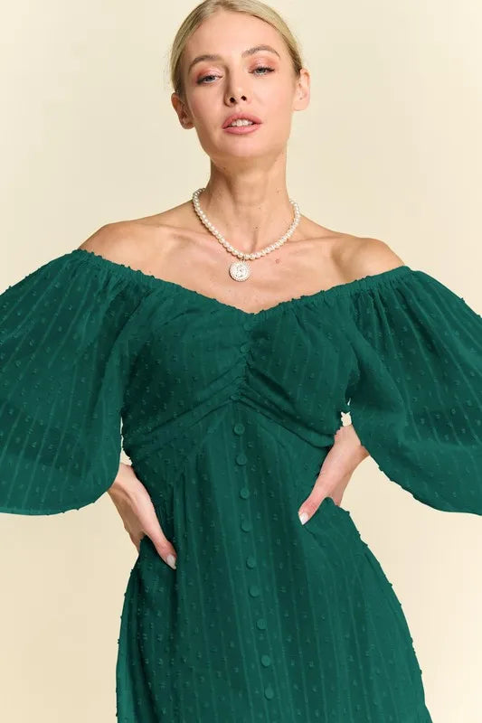 Image of Davi & Dani Swiss Dotted Ruched Ruffle Open Back Midi Dress | Queeble.shop