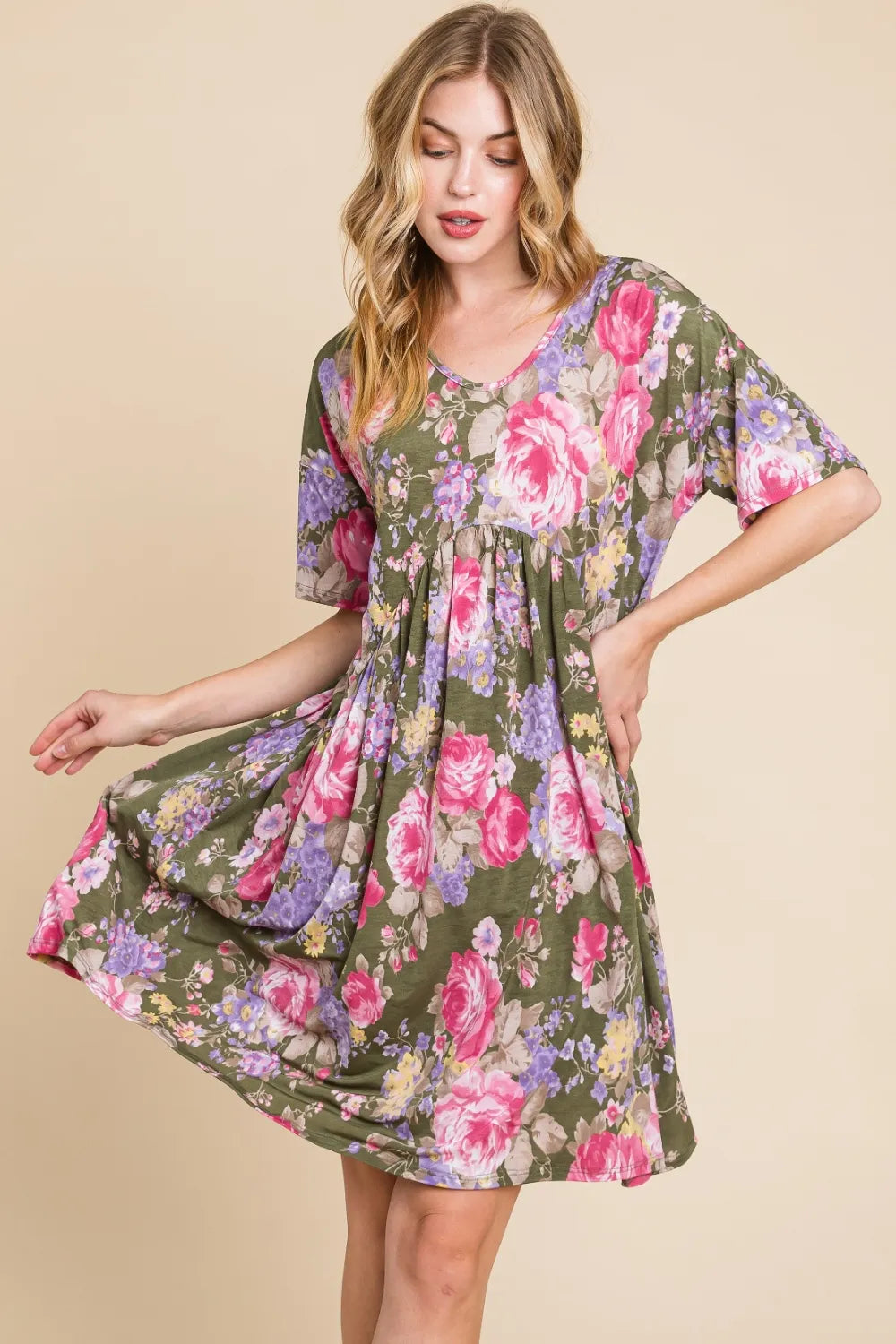 Image of BOMBOM Flower Print V-Neck Ruched Dress | Queeble.shop