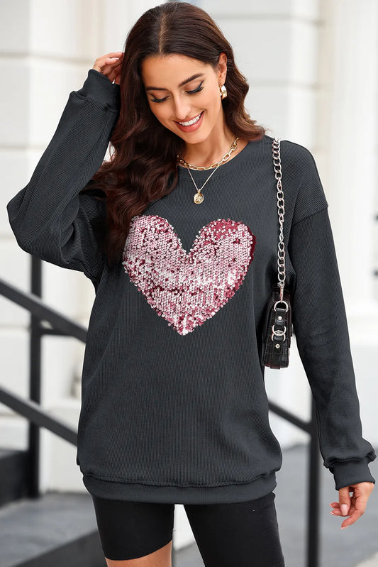 Image of Heart Sequin Round Neck Sweatshirt | Queeble.shop
