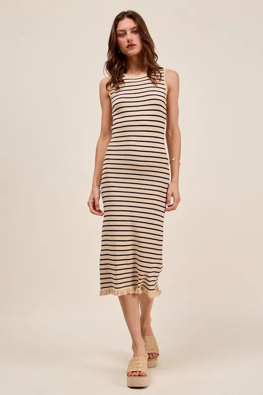 Image of SO ME Stripe Sleeveless Sweater Knit Maxi Dress With Ruffled Hem | Queeble.shop