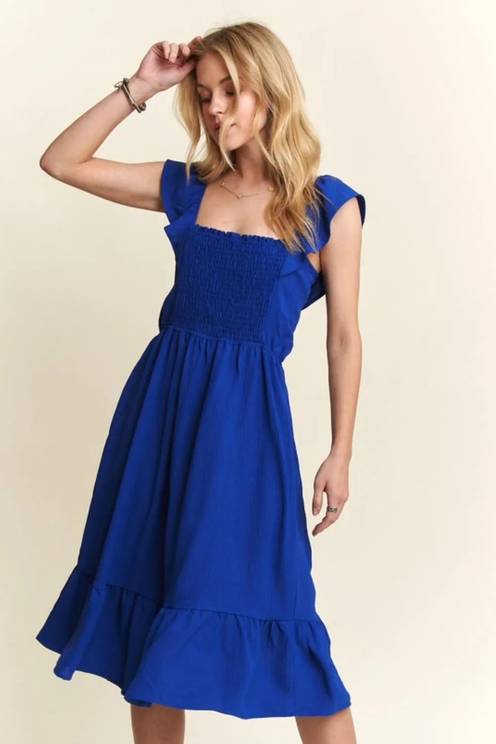 Image of ADORA Smocked Square Neck Ruffled Cap Sleeve Dress | Queeble.shop