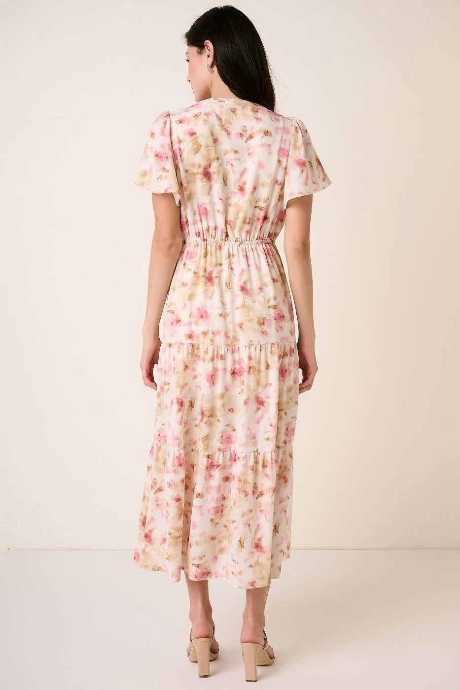 Image of Mittoshop Flower Print Flutter Sleeve V Slit Maxi Dress | Queeble.shop