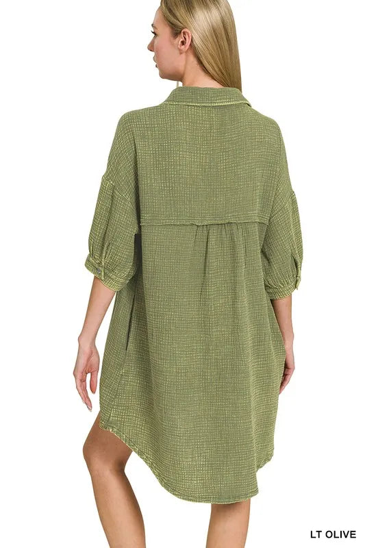 Image of Zenana Washed Double Gauze Button Down Shirt Dress | Queeble.shop