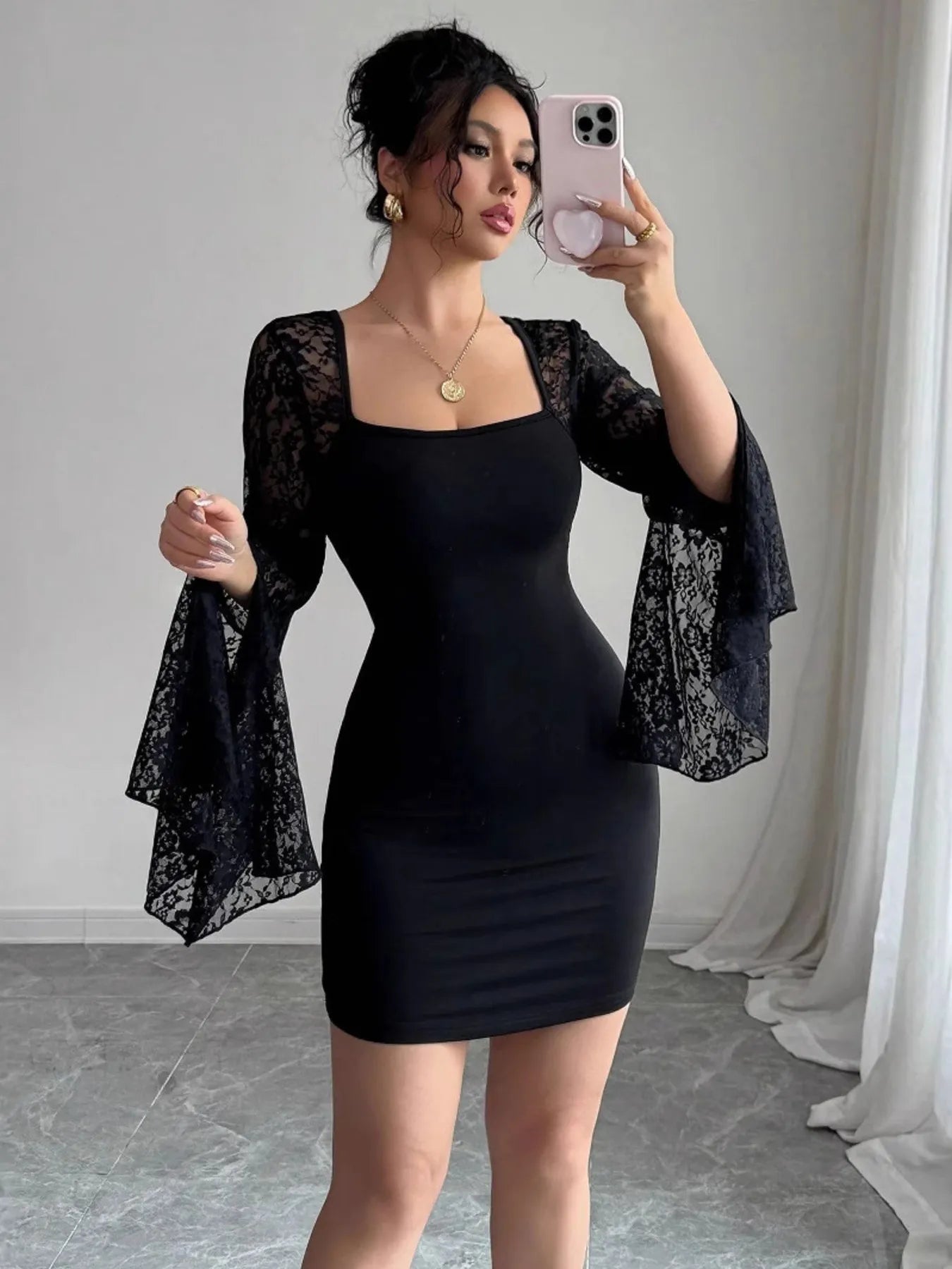 Image of Square Neck Lace Bell Sleeve Bodycon Dress | Queeble.shop