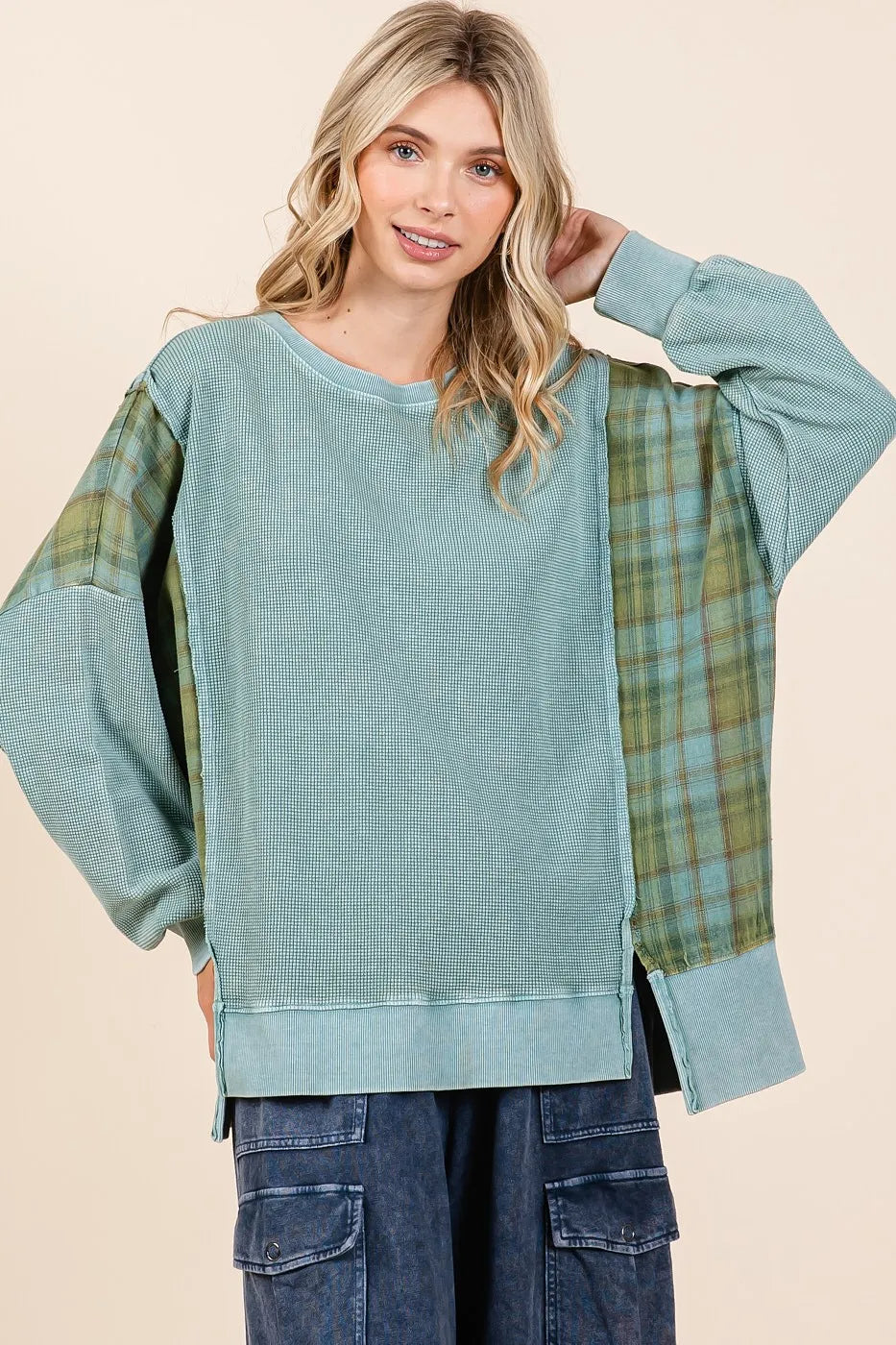 Image of Mittoshop Plaid Panel Mineral Wash French Terry Sweatshirt | Queeble.shop