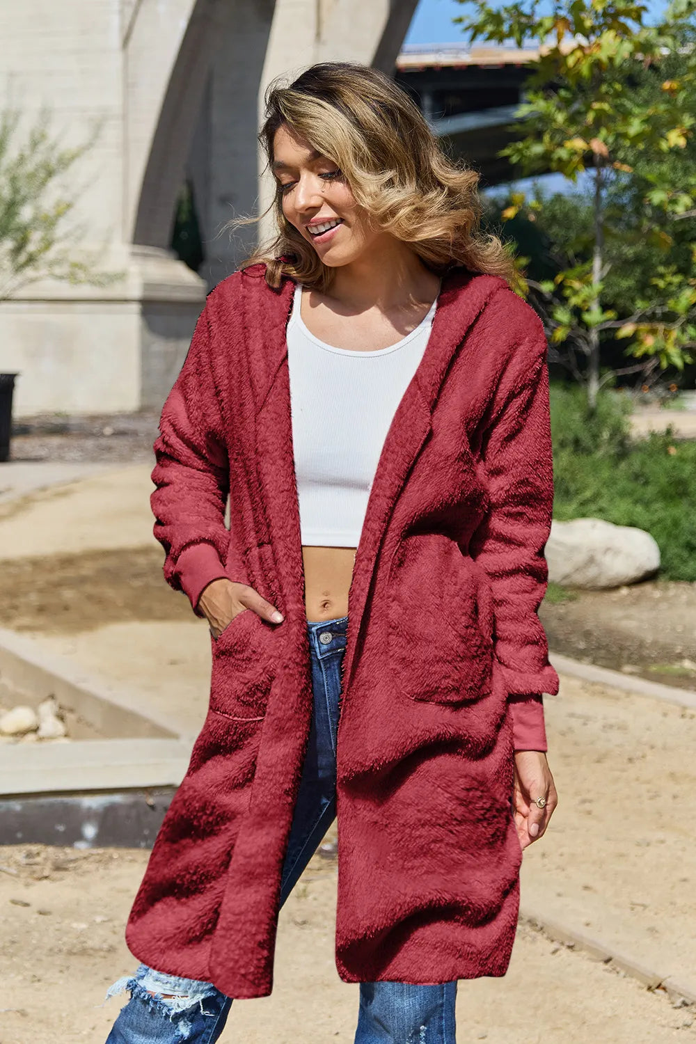 Image of Double Take Full Size Hooded Teddy Bear Jacket with Thumbholes | Queeble.shop