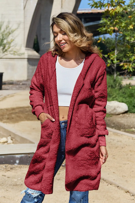 Image of Double Take Full Size Hooded Teddy Bear Jacket with Thumbholes | Queeble.shop