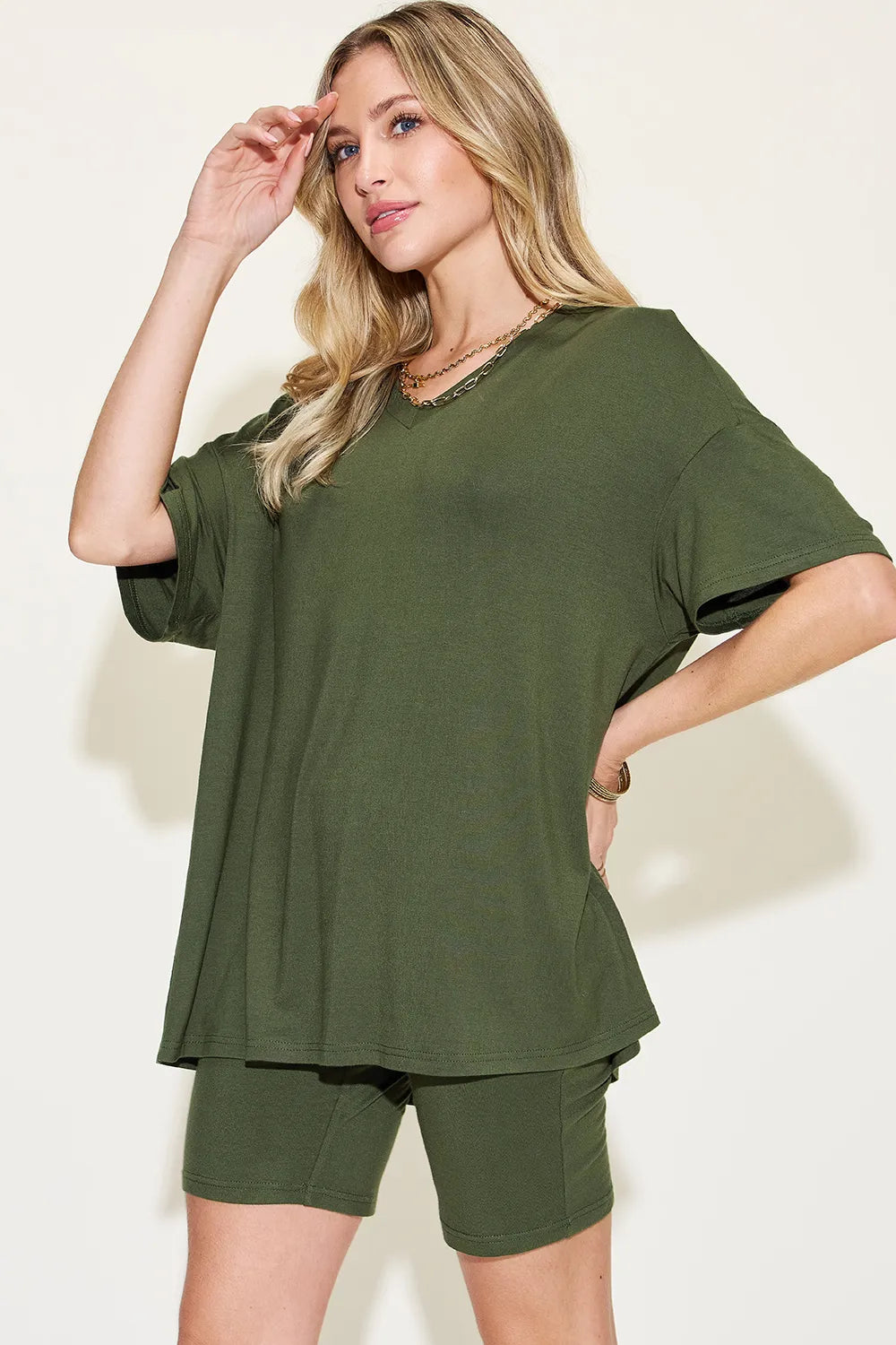 Image of Basic Bae Full Size V-Neck Drop Shoulder T-Shirt and Shorts Set | Queeble.shop