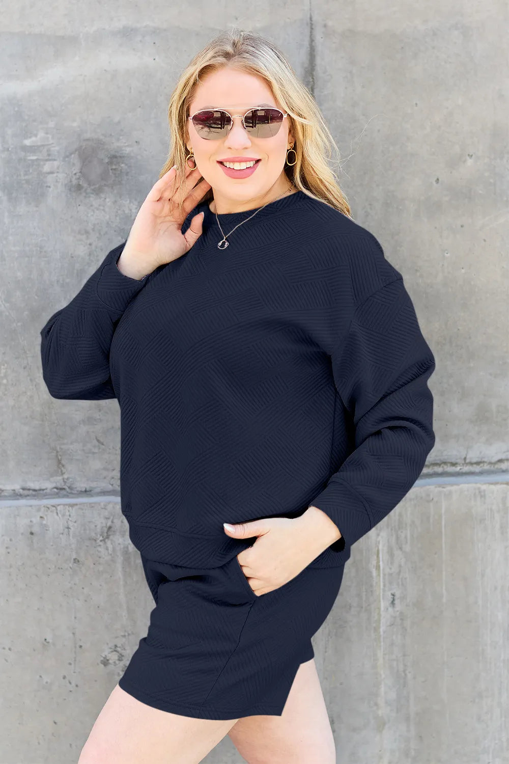 Image of Double Take Full Size Texture Long Sleeve Top and Drawstring Shorts Set | Queeble.shop