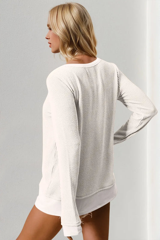 Image of Double Take Corded Rib Thumbhole Cuff Round Neck T-Shirt | Queeble.shop