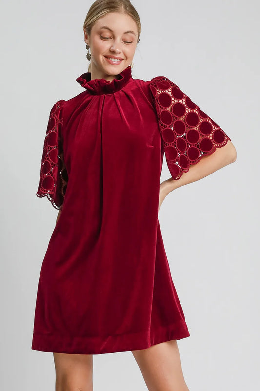 Image of Umgee Dotted Lace Half Sleeve Mock Neck Back Tie Velvet Dress | Queeble.shop