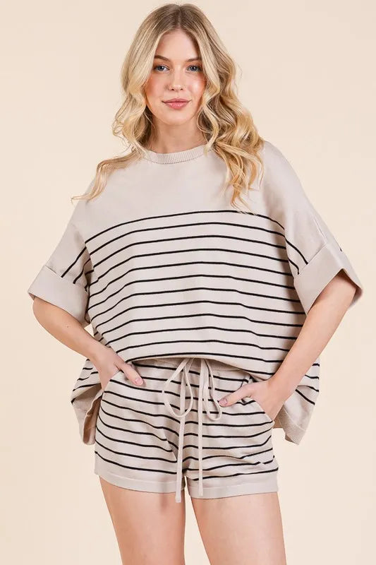 Image of Lime 'N' Chili Striped Folded Half Sleeve Top and Shorts Set | Queeble.shop