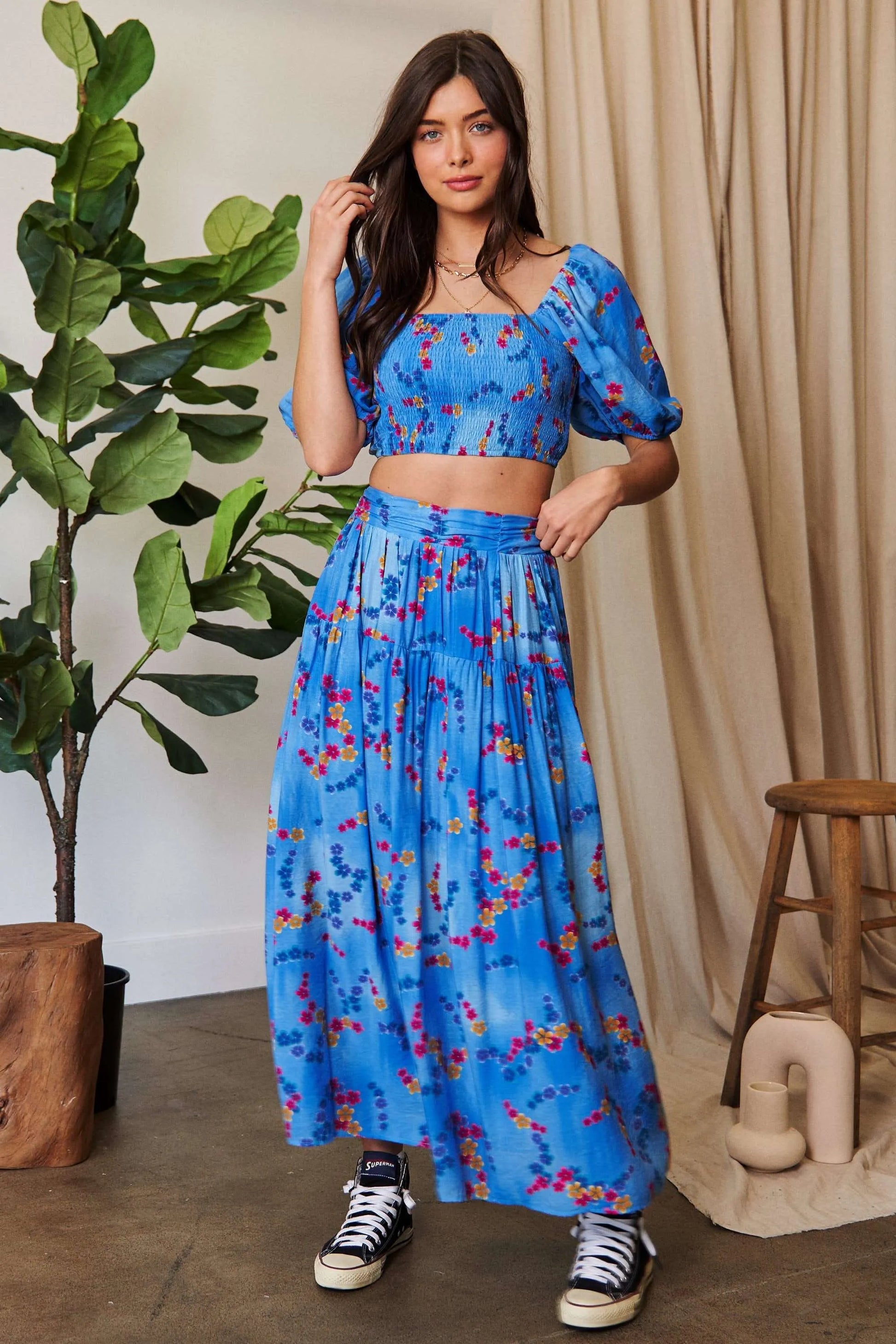 Image of Davi & Dani Smocing Bodice Puff Short Sleeve Printed Crop Top | Queeble.shop